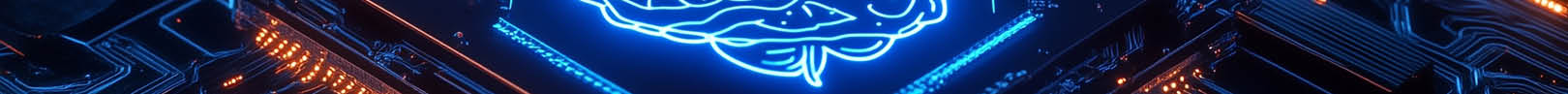 Circuit board with an AI brain icon in the center. A blue and black color theme.