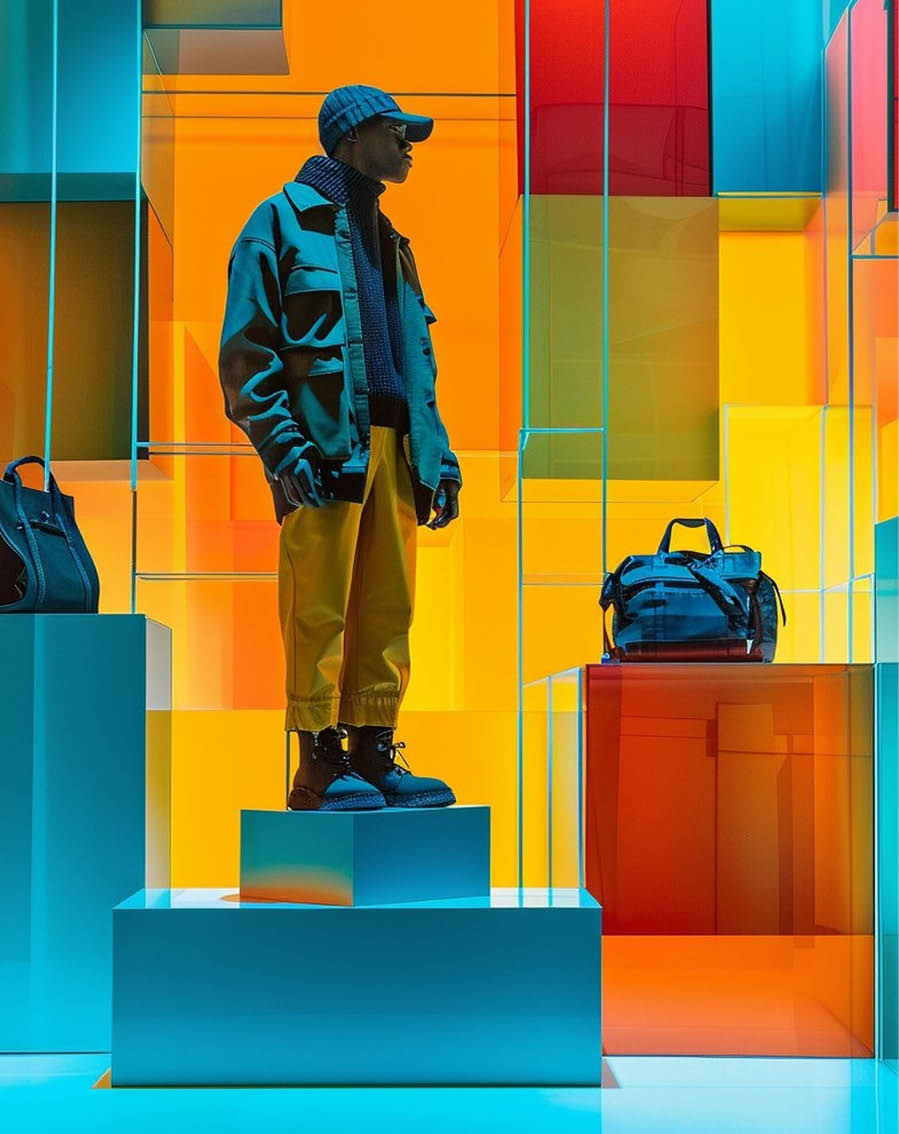 “Modern window display with mannequin and CMYK abstract background"