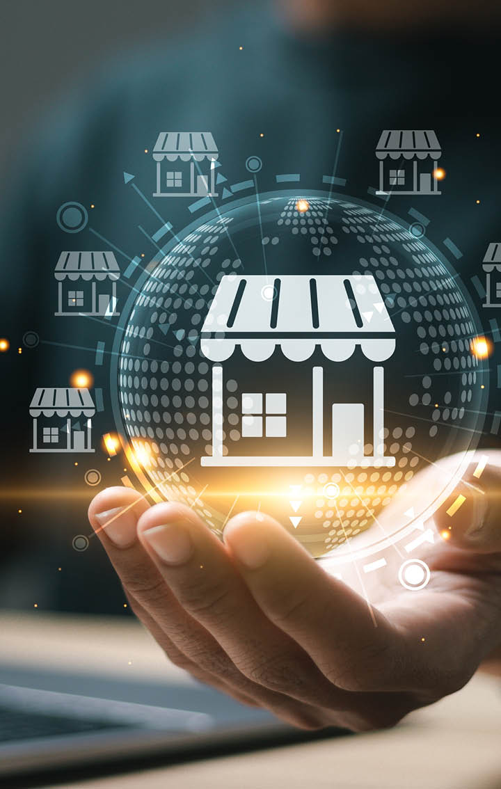 Franchise business concept, Businessman hold virtual globe with franchise business icon for growth, franchise marketing system in global business network, brand building and modern technology.