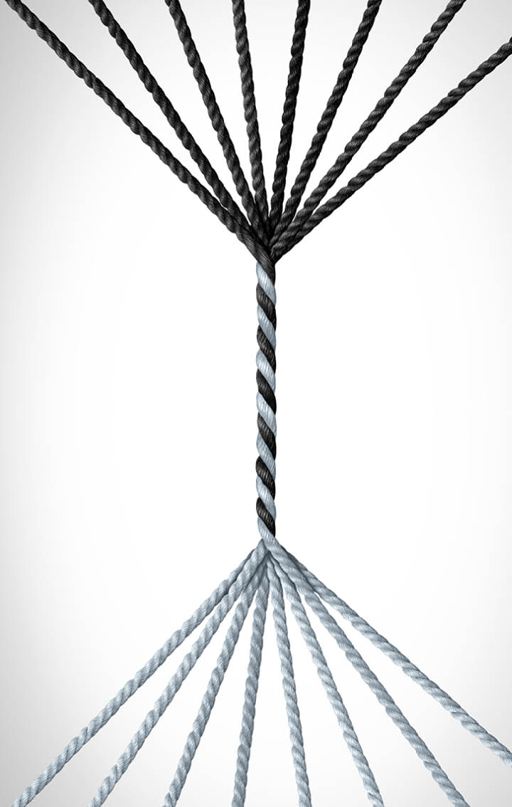 Two teams coming together as a symbol of organized groups uniting as an integrated partnership.