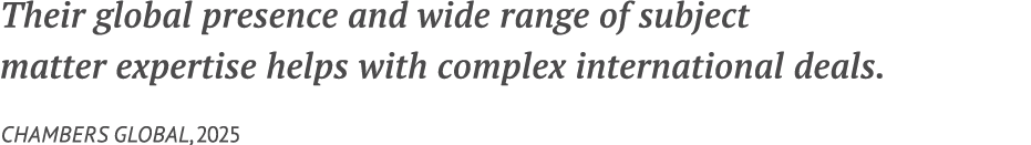 Their global presence and wide range of subject matter expertise helps with complex international deals. Chambers Glo...