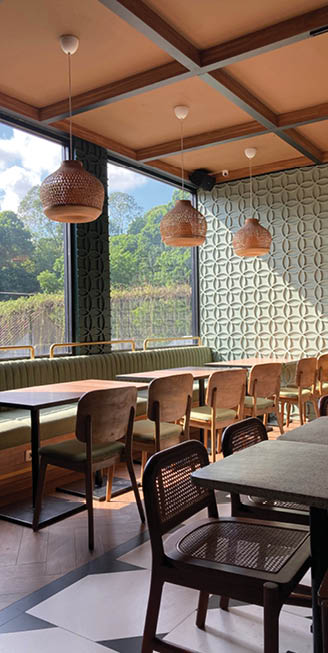 A restaurant with a wooden ceiling and a table with chairs. AI generated content