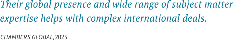 Their global presence and wide range of subject matter expertise helps with complex international deals. Chambers glo...