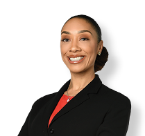 A woman in a black suit and red shirt is smiling for the camera. AI generated content