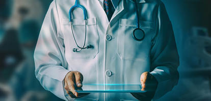 Doctor Utilizing Advanced Digital Tablet Technology in Modern Healthcare. Medical Professional in Operating Room Analyzing Real-Time Patient Data, Cutting-Edge Medical Innovations and solutions.