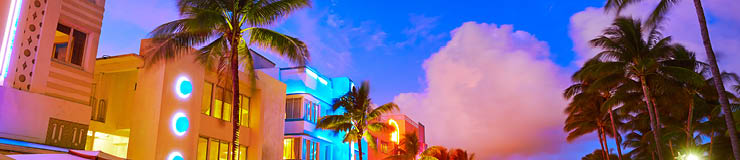 Miami Beach South Beach sunset in Ocean Drive Florida Art Deco and car lights