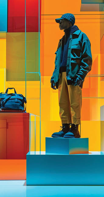 “Modern window display with mannequin and CMYK abstract background"