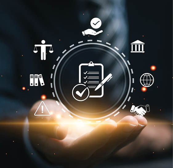 Compliance rules and law regulation policy concept. Businessman use laptop with compliance icons for enforcement of laws, regulations, and standards.