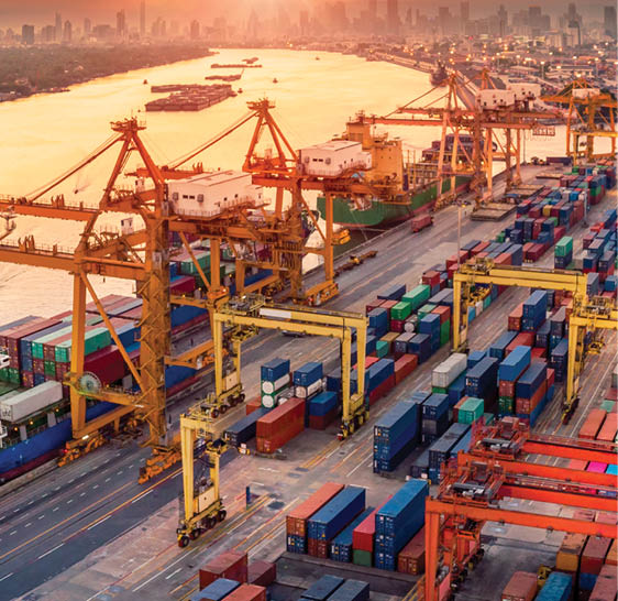 Logistics and transportation of Container Cargo ship and Cargo plane with working crane bridge in shipyard at sunrise, logistic import export and transport industry background