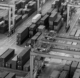 Logistics and transportation of Container Cargo ship and Cargo plane with working crane bridge in shipyard at sunrise, logistic import export and transport industry background