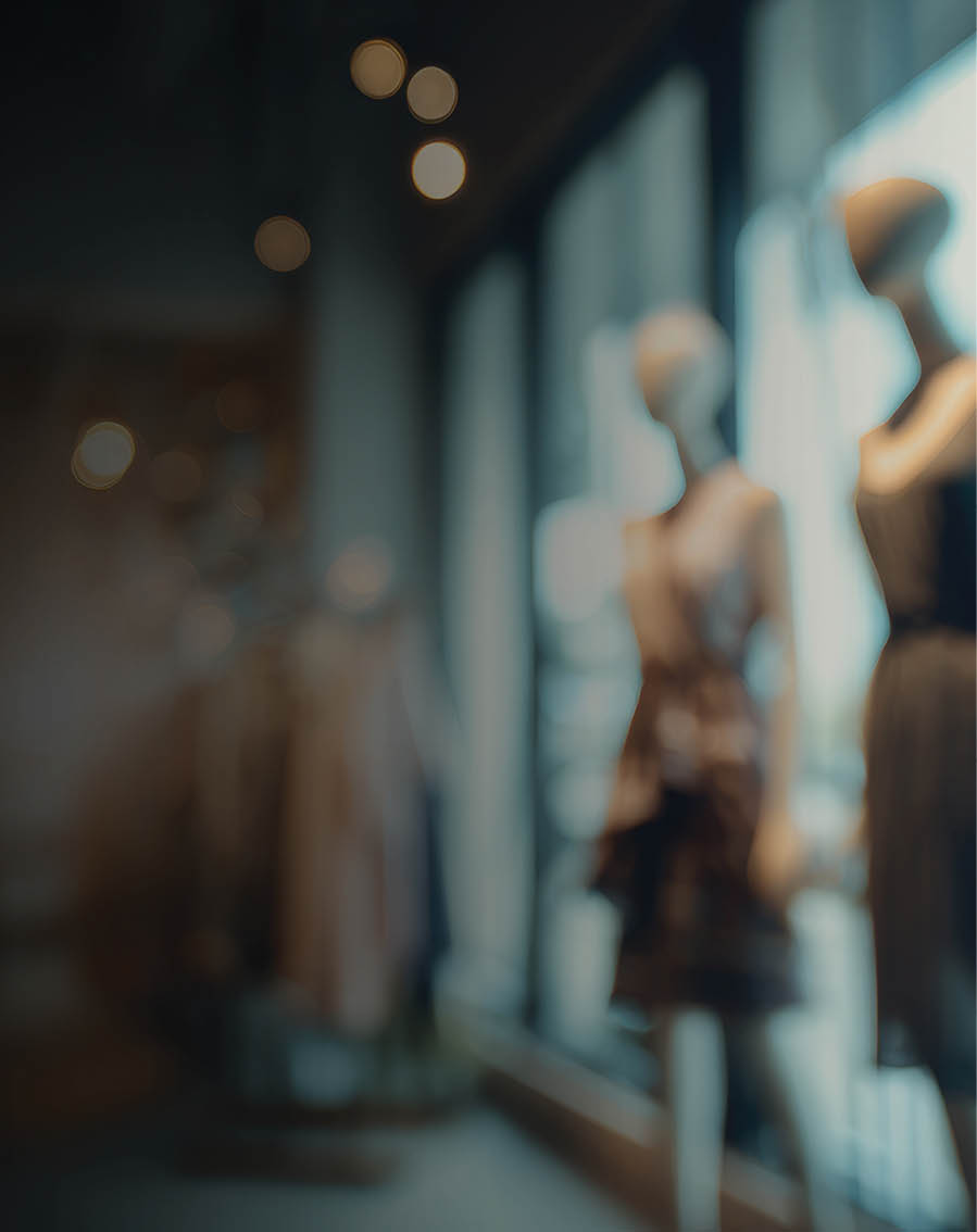 Blurred image of a clothing store interior, showcasing mannequins dressed in fashionable attire displayed in a window. The background includes additional cl...